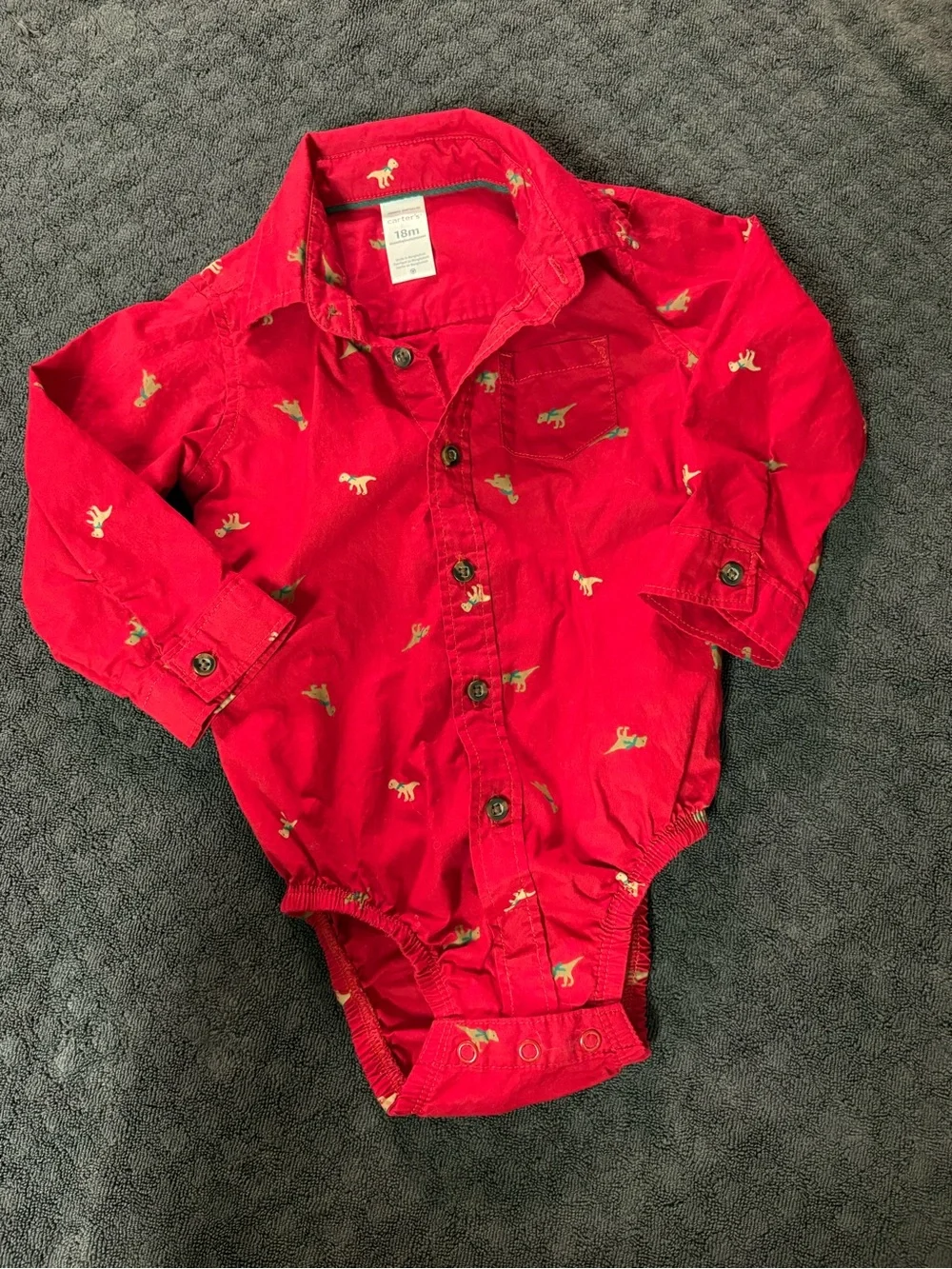 Carter's Red Button-Up One-Piece with‎ Dino Accents Size 18 months